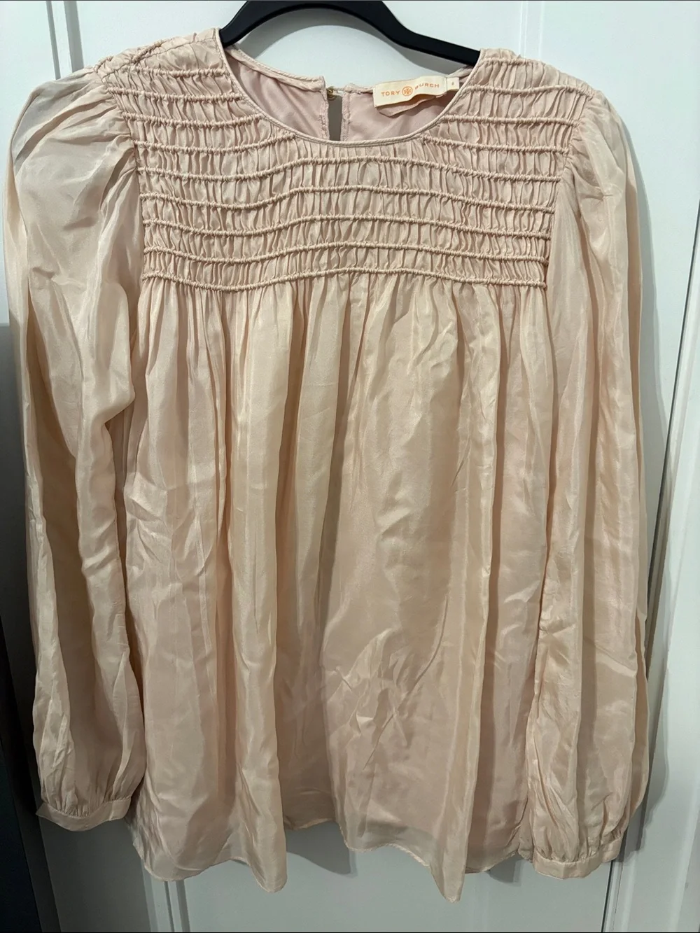 Tory Burch Light Blush Smocked Yoke Long-Sleeve Blouse. Runs big